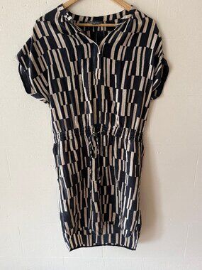 Vince | Silk Black and Cream Geometric Summer Dress | Quiet Luxury | Small